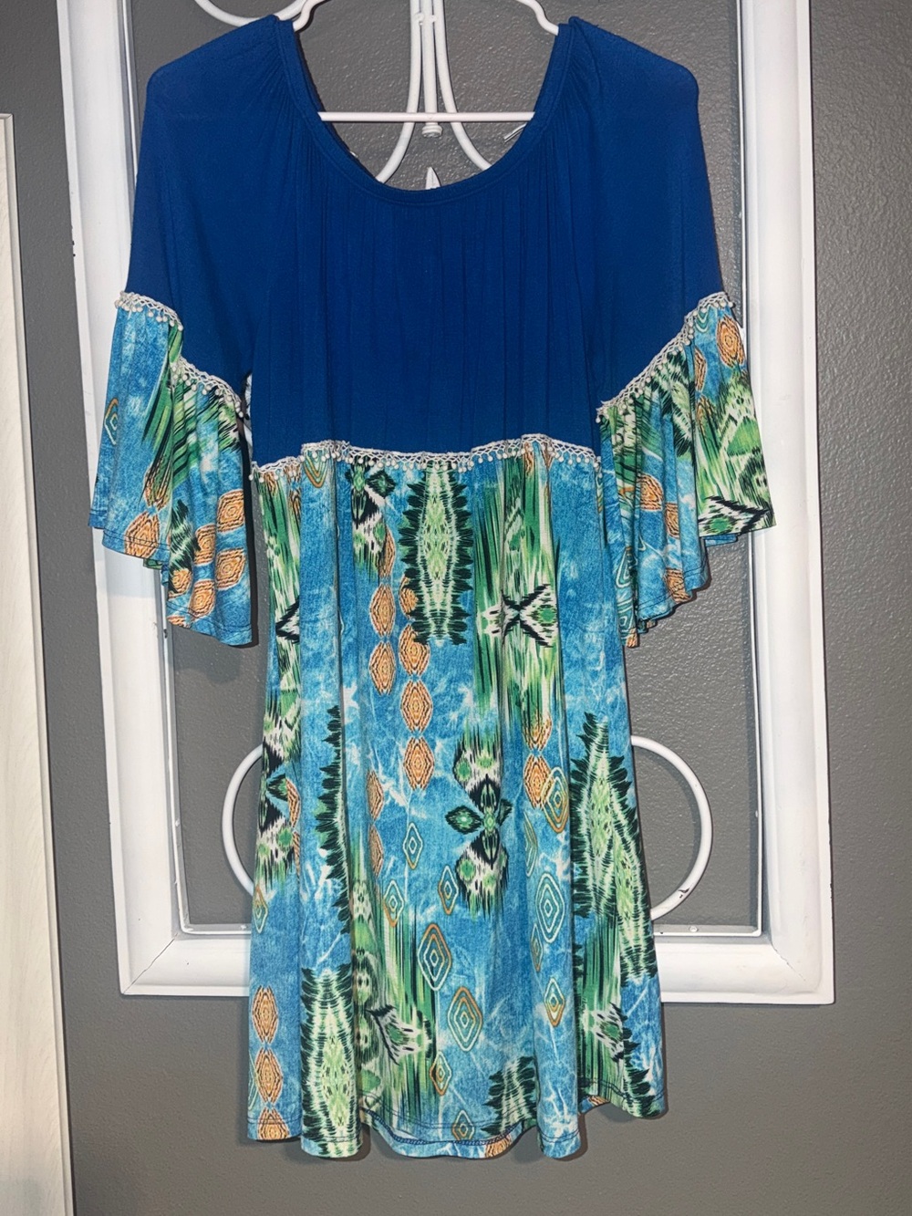 Blue & Teal Patterned Women's Peasant Top Dress